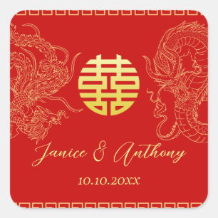 Sticker Carré Or rouge dragon phénix de mariage chinois