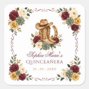 Sticker Carré Or Rouge Occidental Cheval Floral Charra Quinceañe