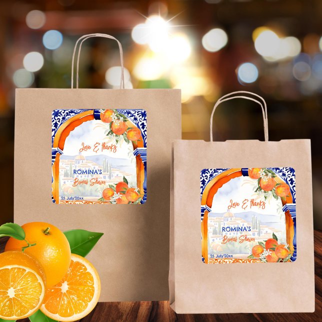 Sticker Carré Orange bleu azulejo douche nuptiale espagnole fave (Orange blue azulejo citrus summer Spanish bridal shower thank you favor Sticker template)