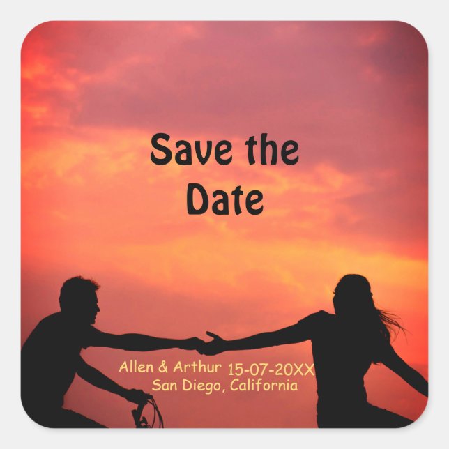 Sticker Carré orange boho save the date QR ajoutez le nom du sit (Devant)