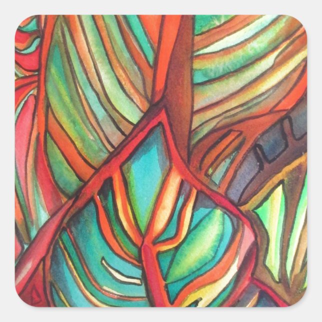 Sticker Carré Orange Canna feuille aquarelle art original (Devant)