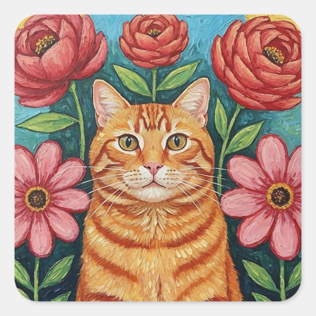 Sticker Carré Orange Cat Folk Art Flowers (Devant)
