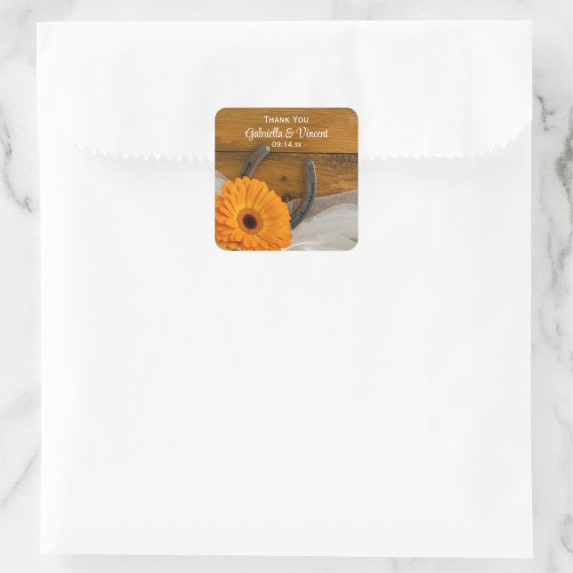Sticker Carré Orange Daisy Horseshoe Mariage occidental Merci (Sac)