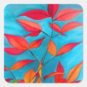 Sticker Carré Orange feuille Automne art original aquarelle