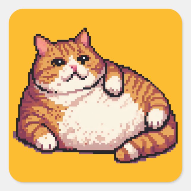 Sticker Carré Orange gros chat mème pixel art (Devant)