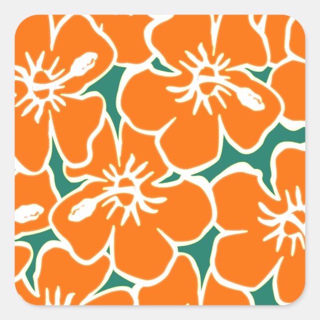 Sticker Carré Orange Hibiscus Fleurs Tropical Hawaiian Luau (Devant)