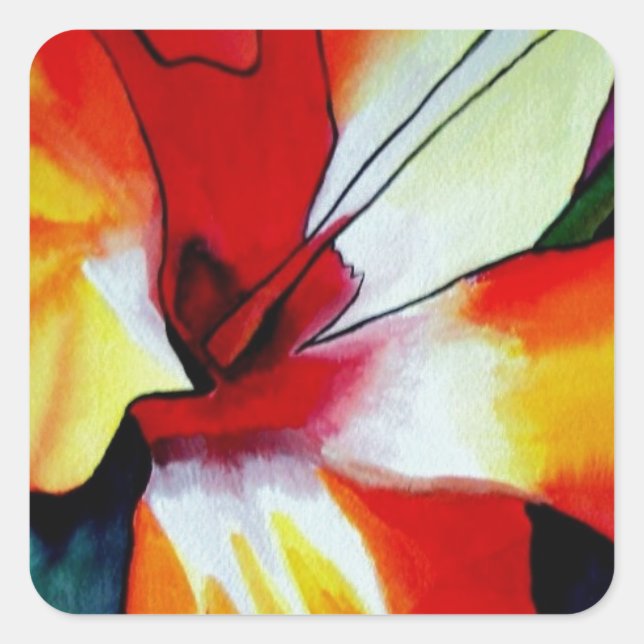 Sticker Carré Orange Hibiscus fleurs tropicales aquarelle art (Devant)