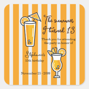 Sticker Carré Orange Mocktail d'anniversaire l'été de mes 13 ans