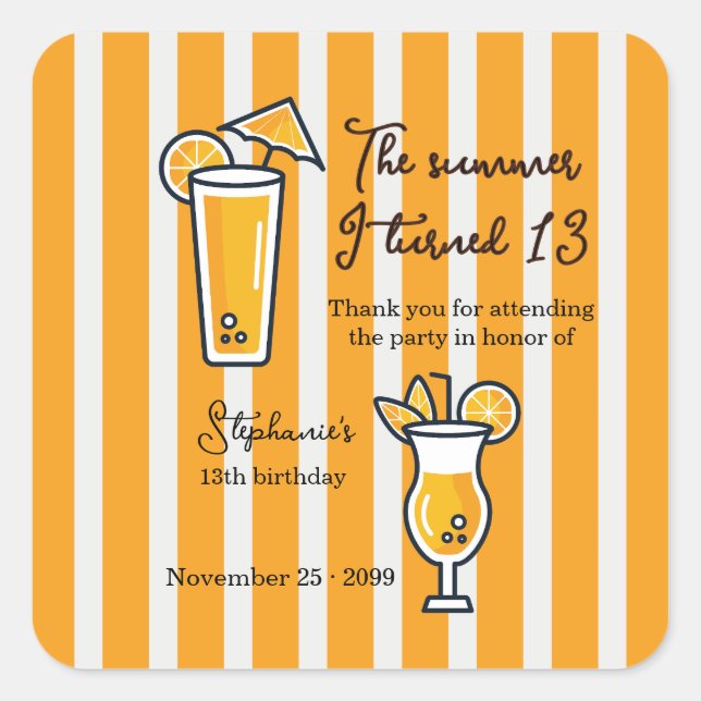 Sticker Carré Orange Mocktail d'anniversaire l'été de mes 13 ans (Devant)