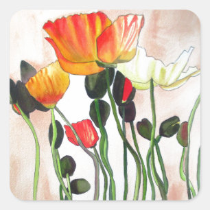 Sticker Carré Orange Populaires fleurs aquarelle peinture