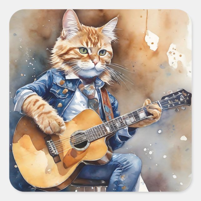 Sticker Carré Orange Tabby Cat Rock Star Jouer Guitare Acoustiqu (Devant)