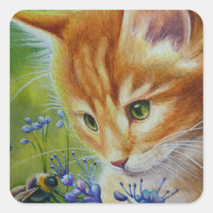 Sticker Carré Orange Tabby Kitten & Bumblebee Aquarelle Art