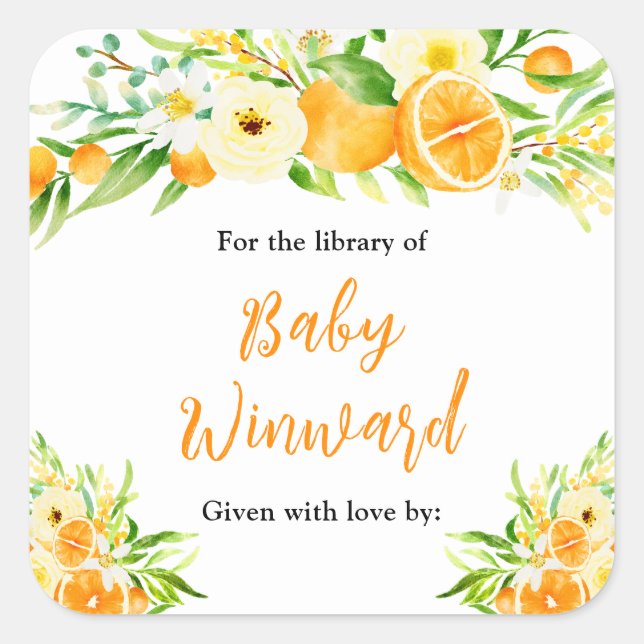 Sticker Carré Oranges Citrus Baby Shower Bookplate (Devant)