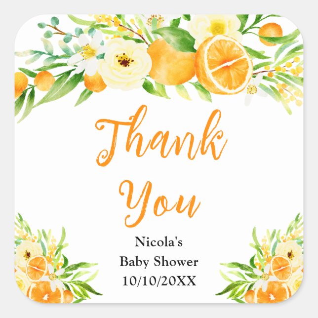 Sticker Carré Oranges Citrus Baby Shower Thank You (Devant)