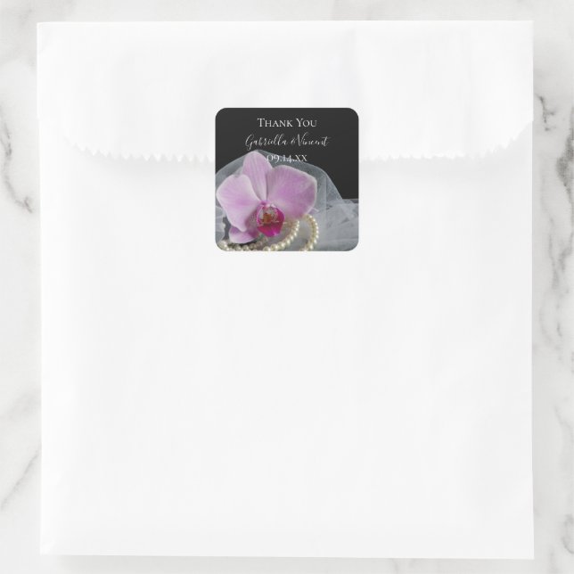 Sticker Carré Orchidée rose sur le Merci Mariage noir Favor bali (Sac)