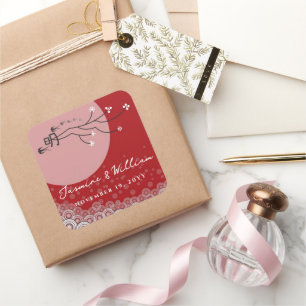 Sticker Carré Oriental Lune Lumineuse Hirondelles Oiseaux Zen Ar