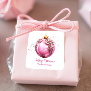 Sticker Carré Ornement de Noël rose vintage personnalisé
