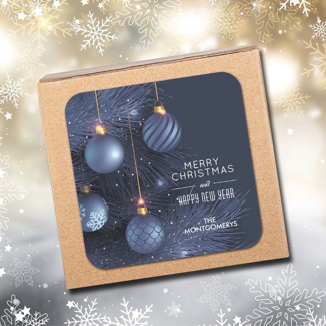 Sticker Carré Ornements Bleus de Noël (Blue Christmas tree and blue ornaments square stickers)