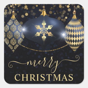 Sticker Carré Ornements Boules de Noël Bleu Marine et Or