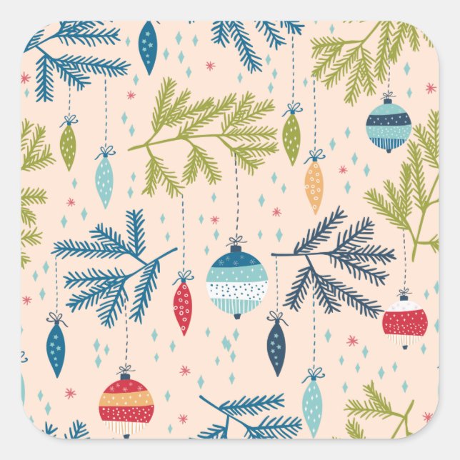 Sticker Carré Ornements de Noël à l'ancienne accrochés aux arbre (Devant)