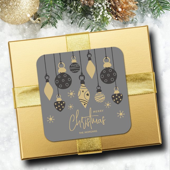 Sticker Carré Ornements de Noël chic sur gris (Chic black and gold Christmas tree ornaments on grey square 3" sticker (1-1/2" available, too))