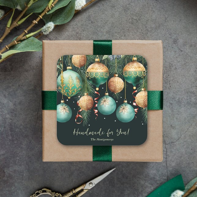 Sticker Carré Ornements de Noël en Or et Vert (Gold and green tree ornaments Handmade for You square 3" stickers)