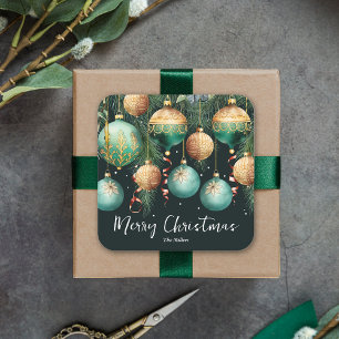 Sticker Carré Ornements de Noël vert doré joyeux