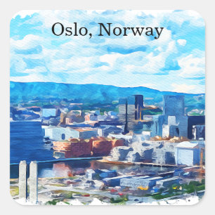 Sticker Carré Oslo Norvège Peinture Aquarelle Vue panoramique