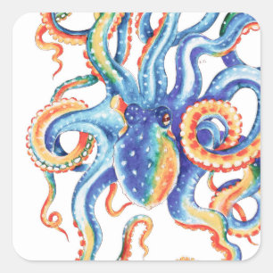 Sticker Carré Otopus Tentacles, aquarelle colorée Art