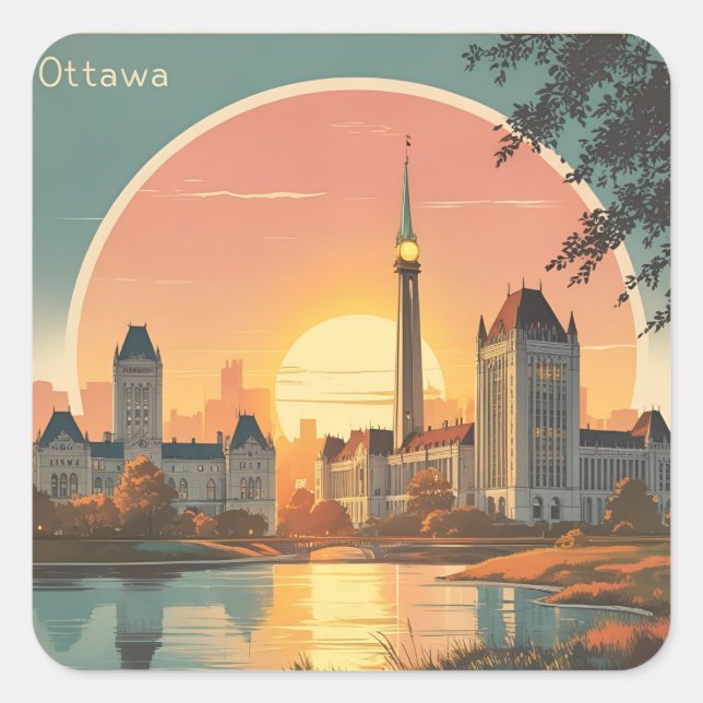 Sticker Carré Ottawa Canada Skyline –Bold Retro Sunset Cityscape (Devant)