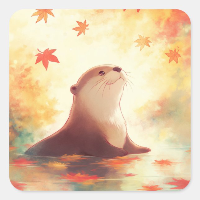 Sticker Carré Otter in Water with Falling Autumn Maple Leaves (Devant)