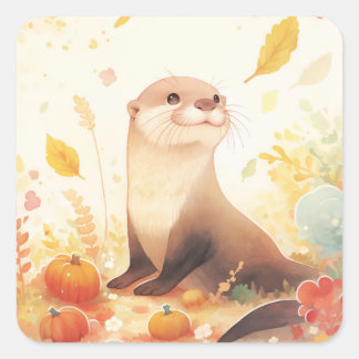 Sticker Carré Otter with Small Pumpkins and Yellow Autumn Leaves
