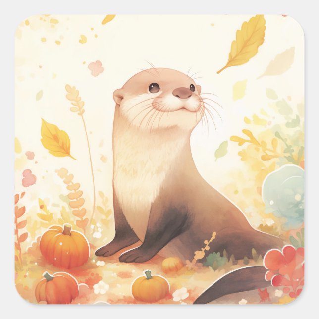 Sticker Carré Otter with Small Pumpkins and Yellow Autumn Leaves (Devant)