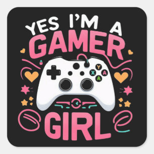 Sticker Carré Oui, je suis une gamer : contrôleur rose et blanc