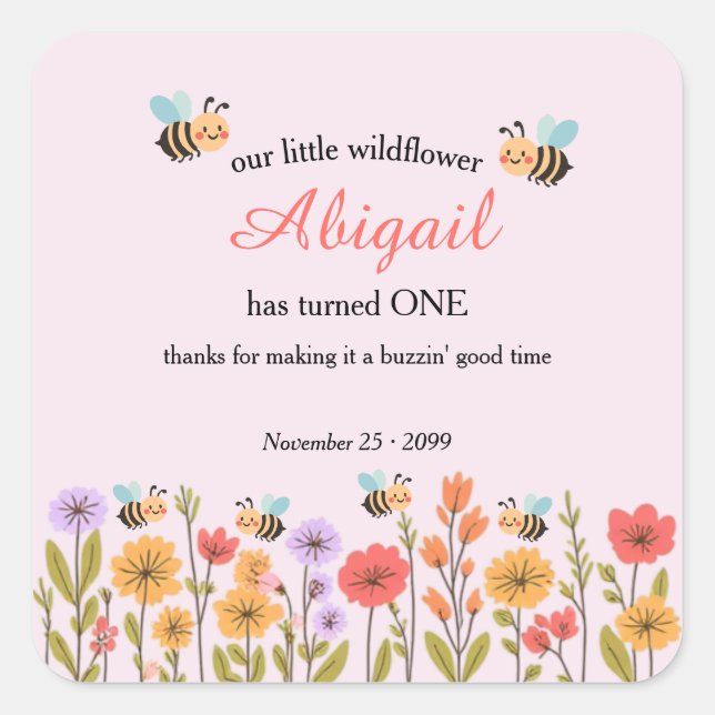 Sticker Carré Our Little Wildflower Floral Bee 1st Birthday (Devant)