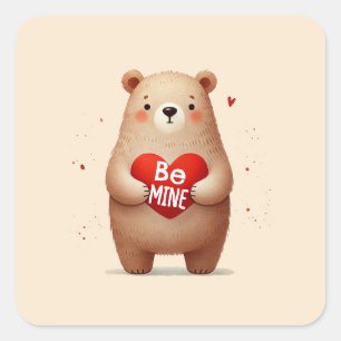 Sticker Carré Ours aquarelle Cœur Rouge xoxo Fête de la Saint-Va