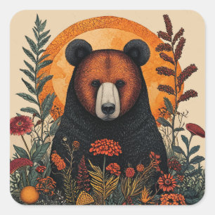Sticker Carré Ours Artistique Parmi des Fleurs Vibrantes
