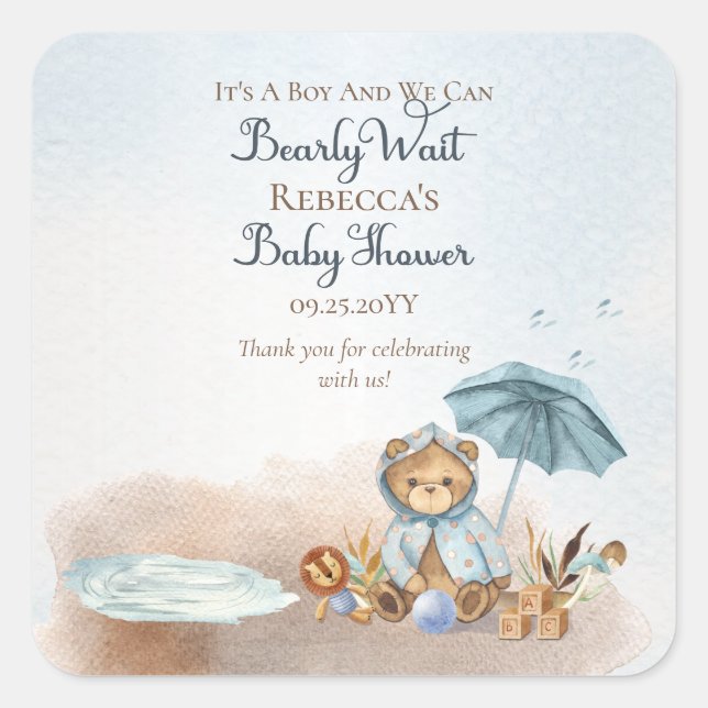 Sticker Carré Ours | Baby shower Bearly Wait Boy Parapluie bleu (Devant)