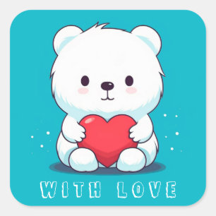 Sticker Carré Ours blanc avec coeur, personnalisé
