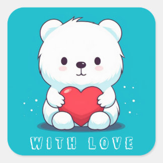 Sticker Carré Ours blanc avec coeur, personnalisé