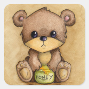 Sticker Carré Ours Brun Mignon Avec Un Pot De Miel