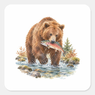 Sticker Carré Ours brun pêchant dans un ruisseau