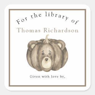 Sticker Carré Ours citrouille d'automne - pour la bibliothèque d