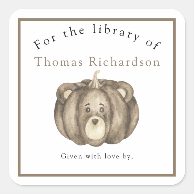 Sticker Carré Ours citrouille d'automne - pour la bibliothèque d (Devant)