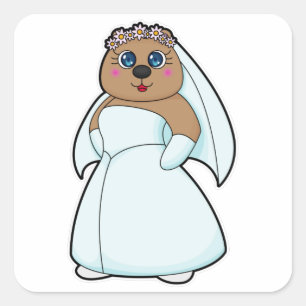 Sticker Carré Ours comme mariée avec couronne de fleurs