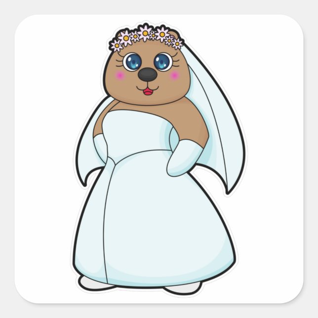 Sticker Carré Ours comme mariée avec couronne de fleurs (Devant)
