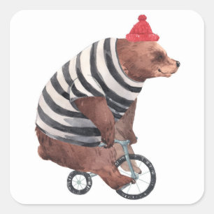 Sticker Carré Ours d'amusement de bicyclette