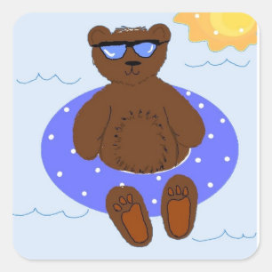 Sticker Carré Ours de fête au bord de la piscine