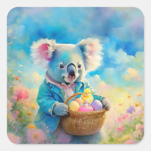 Sticker Carré Ours de Koala tenant une corbeille d'oeufs de Pâqu