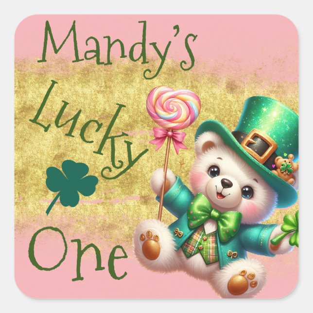 Sticker Carré Ours de la Saint-Patrick Rose Anniversaire Chanceu (Devant)